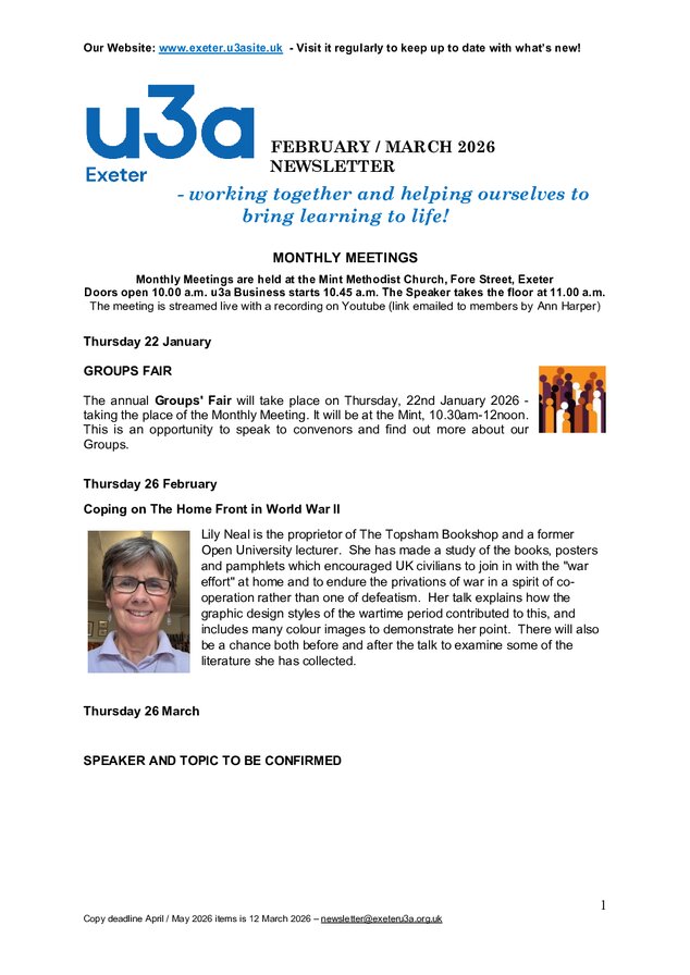 Exeter u3a Newsletter 2026 February-March